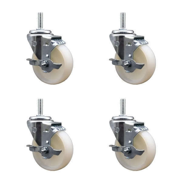 4 Inch Nylon Wheel Swivel 58 Inch Threaded Stem Caster Set with Brake SCC